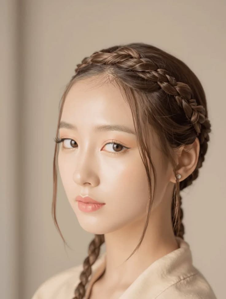 Braided Crown with Loose Strands — Korean women's hairstyle