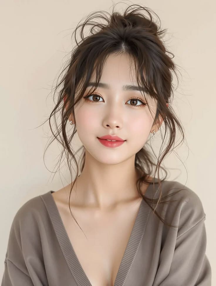 Messy Updo with Wispy Layers — Korean women's hairstyle